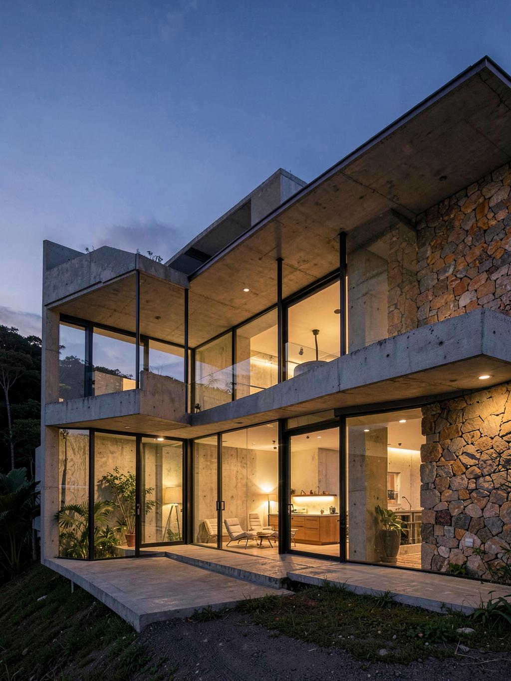 Residência contemporânea iluminada ao entardecer